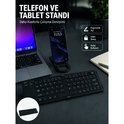 BUĞZ Bluetooth Katlanabilir Klavye USB-C Şarjlı 3 Cihaz Bağlantılı Taşınabilir Klavye