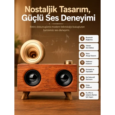 BUĞZ Bluetooth Nostalji Speaker Radyo Gramofon Ahşap Renk Vintage