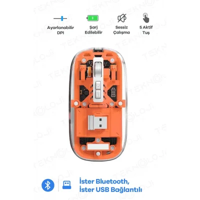 BUĞZ Bluetooth USB Çift Modlu Sessiz Mouse, Şeffaf Mıknatıslı Kapaklı, Type-C Şarjlı, DPI Ayarlı, Kablosuz 10m Çekim Mesafeli, Masaüstü Kısayol Tuşlu, Taşınabilir Şarjlı Mouse Turuncu