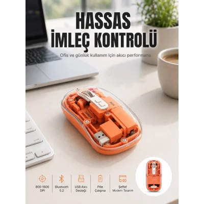 BUĞZ Bluetooth ve USB Destekli Kablosuz Şeffaf Mouse Sessiz Kullanım Yeni Nesil