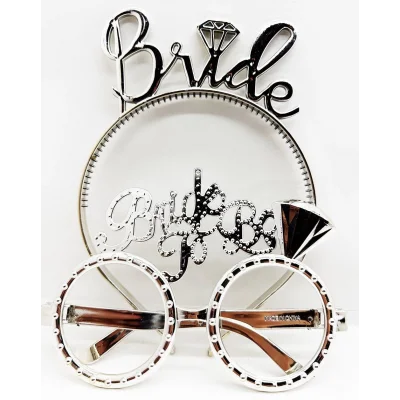BUĞZ Bride Yazılı Taç ve Bride To Be Yazılı Gözlük Seti Gümüş Renk