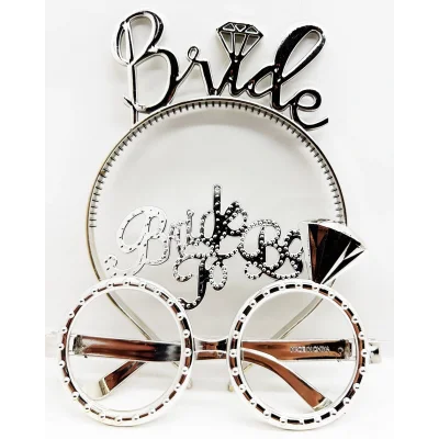 BUĞZ Bride Yazılı Taç ve Bride To Be Yazılı Gözlük Seti Gümüş Renk