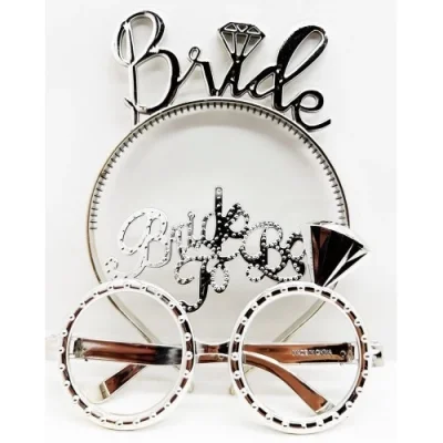  Bride Yazılı Taç ve Bride To Be Yazılı Gözlük Seti Gümüş Renk