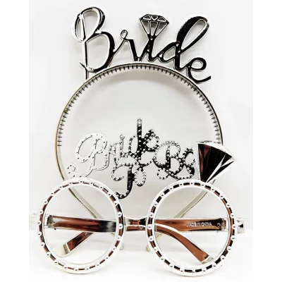  Bride Yazılı Taç ve Bride To Be Yazılı Gözlük Seti Gümüş Renk