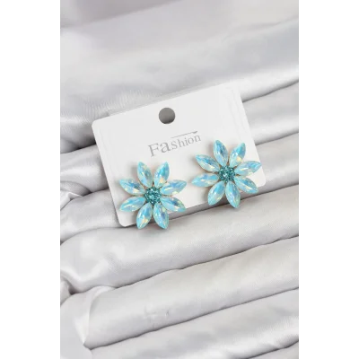 BUĞZ Buz Mavisi Renk Kristal Taşlı Lotus Çiçek Model Kadın Küpe