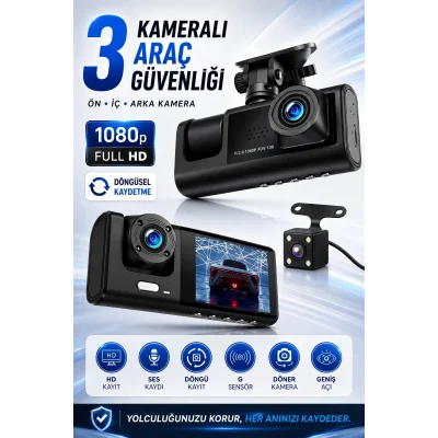 BUĞZ C309 Tipi 3 Kameralı LCD Ekran Araç Kamerası Hareket Sensörlü Gece Görüşlü G Sensörlü