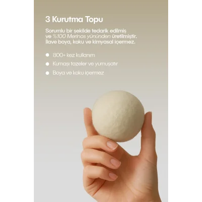BUĞZ Çamaşır Yün Kurutma Topu ve Koku Seti - Kurutma Makinesi İçin - 3 Adet Top