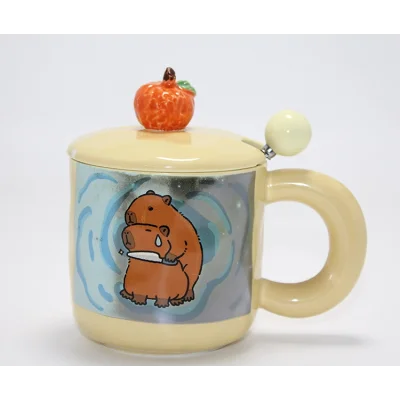 BUĞZ Capybara Desenli Kapaklı Kaşıklı Porselen Kupa Bardak