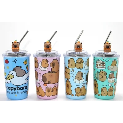 BUĞZ Capybara Figürlü Isı Muhafazalı Metal Pipetli Paslanmaz Çelik Kupa