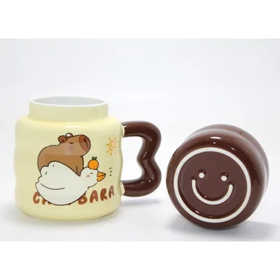 BUĞZ Capybara Tasarımlı Isı Muhafazalı Kapaklı Porselen Bardak Bardak Alk5043