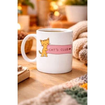 BUĞZ Cat’s Club Kedi Desenli Porselen Kupa MODEL 68 – Sevimli Turuncu Kedi Figürlü, Kahve & Çay Kupası, Kedi Severlere Özel Hediye