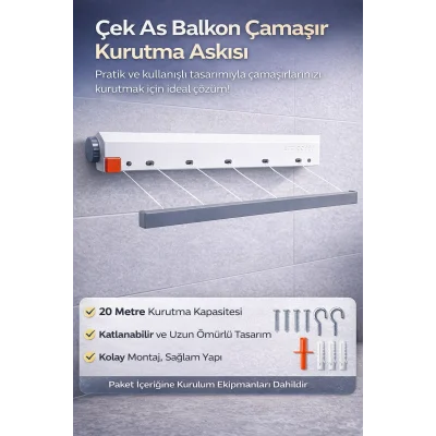 BUĞZ Çek As Balkon Çamaşır Kurutma Askısı – 5 İpli 20 Metre Dar Alanda Çamaşırlık