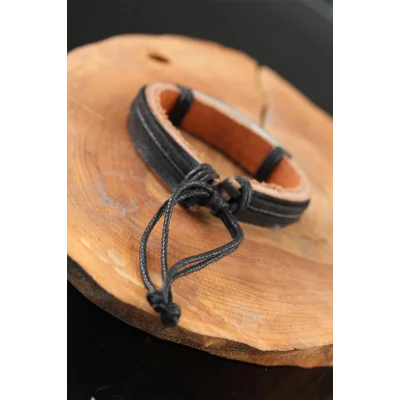 BUĞZ Çelik Aksesuarlı Siyah Renk Deri Erkek Bileklik - BUĞZ