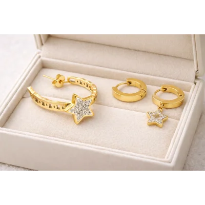 BUĞZ Çelik Halka Küpe Seti 3’lü KÜPE MODEL 6 – Yıldız Detaylı & Sade Mini Halka, Kararma Yapmaz, Asimetrik Şık Tasarım