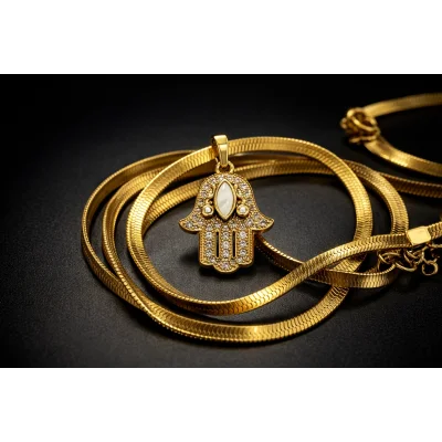 BUĞZ Çelik Hamsa Fatma Eli Kolye MODEL 9 – Taşlı Altın Renk İtalyan Zincir Kadın Kolye