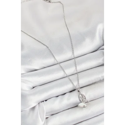 BUĞZ Çelik Zirkon Taşlı Kelebek Model Gümüş Renk Kadın Kolye - BUĞZ