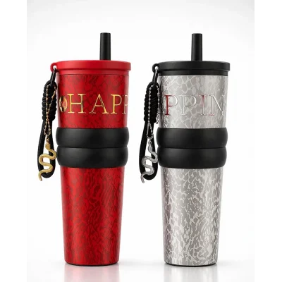 BUĞZ Charm Detaylı Pipetli Çift Katmanlı Vakumlu Termos Bardak