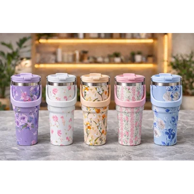 BUĞZ Çiçek Desenli 900 ml Taşıma Kulplu Paslanmaz Çelik Termos Mug Bardak