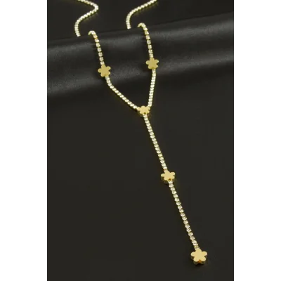 BUĞZ Çiçek Şerit Taşlı Çelik Y Kolye