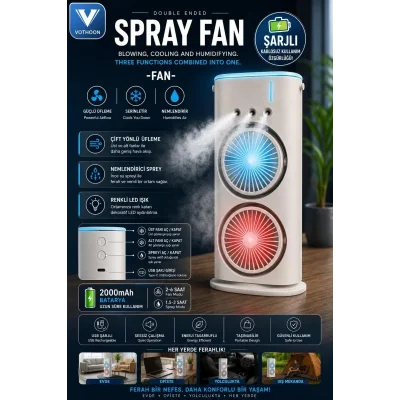 BUĞZ Çift Başlıklı Sprey Fan Nemlendirici Ve Renkli Led Işıklı Beyaz