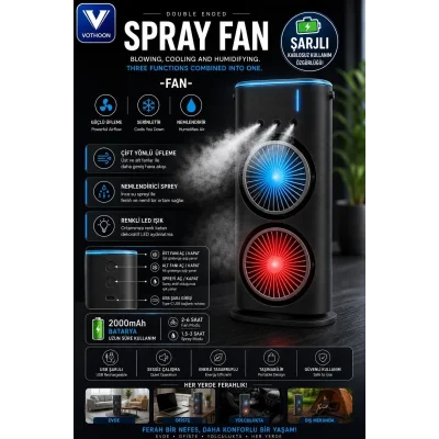 BUĞZ Çift Başlıklı Sprey Fan Nemlendirici Ve Renkli Led Işıklı Siyah