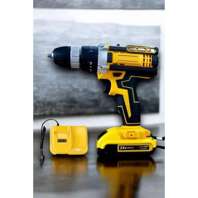 BUĞZ Çift Bataryalı Metal Dişli Darbeli Şarjlı Matkap Seti 24W Güç ve 24 Parça Aksesuar