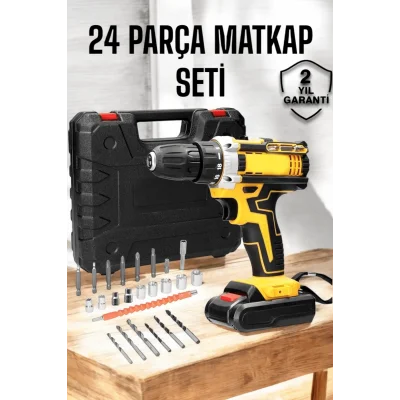 BUĞZ Çift Bataryalı Metal Dişli Darbeli Şarjlı Matkap Seti 24W Güç ve 24 Parça Aksesuar