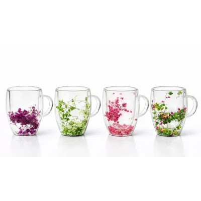 BUĞZ Çift Camlı Çiçekli Borosilikat Kupa Bardak - Model 2