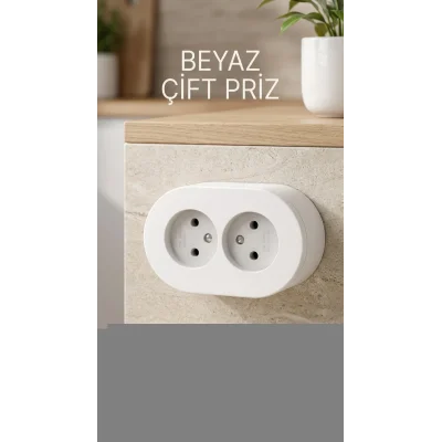 BUĞZ Çift Girişli Beyaz Sıva Üstü Topraklı Priz - Dekoratif Duvar Prizi