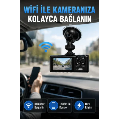 BUĞZ Çift Kameralı WiFi Araç Kamerası 170° Geniş Açı Full HD Araç İçi Kayıt Sistemi