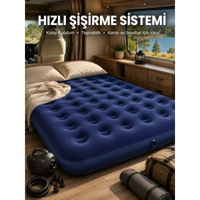 BUĞZ Çift Kişilik Şişme Yatak Dayanıklı Vinil Kamp ve Misafir Kullanımına Uygun