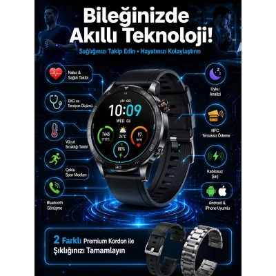 BUĞZ Çift Kordonlu Yüksek Çözünürlüklü Akıllı Saat Uyku İzleyici & Spor Modları