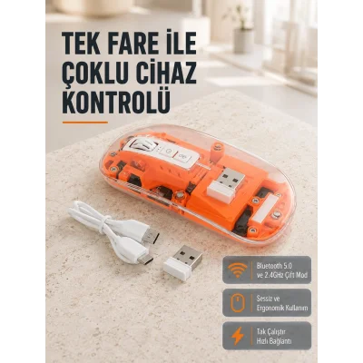BUĞZ Çift Modlu Kablosuz Bluetooth 5.0 + 2.4GHz Mouse – 3 Cihaz Bağlantılı, Hızlı Geçiş Düğmeli