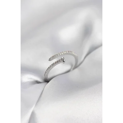 BUĞZ Çivi Model Zirkon Taşlı Gümüş Renk Kadın Yüzük