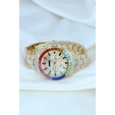 BUĞZ Clariss Trend Gold Metal Kordonlu Zirkon Taş Kaplama Renkli Taşlı Kasa Tasarımlı Lüx Kadın Kol Saati ( BUĞZ )