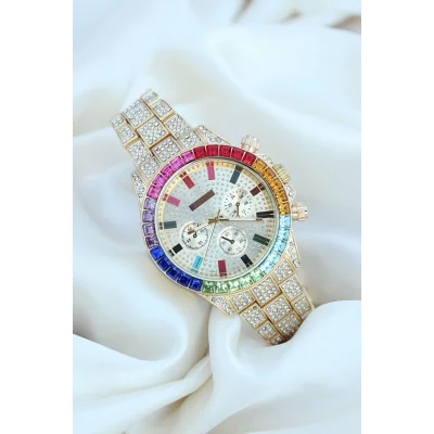  Clariss Trend Gold Metal Kordonlu Zirkon Taş Kaplama Renkli Taşlı Kasa Tasarımlı Lüx Kadın Kol Saati