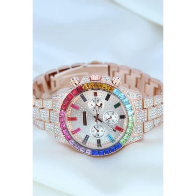 BUĞZ Clariss Trend Rose Metal Kordonlu Zirkon Taş Kaplama Renkli Taşlı Kasa Tasarımlı Lüx Kadın Kol Saati ( BUĞZ )