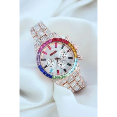  Clariss Trend Rose Metal Kordonlu Zirkon Taş Kaplama Renkli Taşlı Kasa Tasarımlı Lüx Kadın Kol Saati
