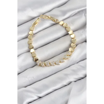 BUĞZ CM Kalp Model Zirkon Taşlı VIP Seri Gold Renk Pirinç Kadın Bileklik