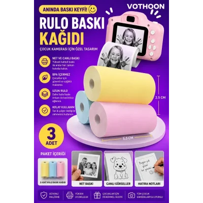 BUĞZ Çocuk Fotoğraf Makinesi Yedek Termal Baskı Kağıdı Renkli (3 Lü Rulo) – 57x25mm