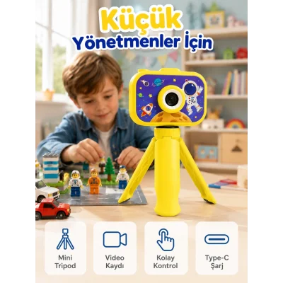 BUĞZ Çocuk Kamerası Fotoğraf ve Video Çekimi Mini Tripodlu Şarjlı Dijital Kamera 2.0 TFT Ekran