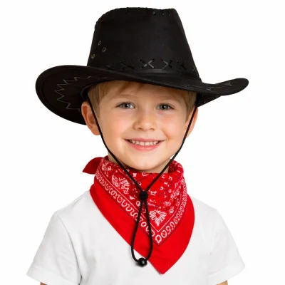 BUĞZ Çocuk Kovboy Şapka Siyah & Kırmızı Bandana Fular Seti