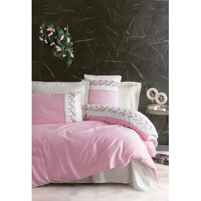 BUĞZ Cotton Box Brode Nakışlı Çift Kişilik Saten Nevresim Takımı Niobe Pembe