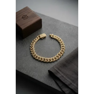 BUĞZ Cuban Zincir Model Zirkon Taşlı Gold Renk Erkek Bileklik