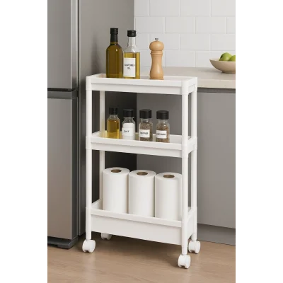 BUĞZ Dar Alan Uyumlu Tekerlekli 3 Katlı Mutfak Rafı – Yağlık, Baharatlık ve Peçetelik Organizer
