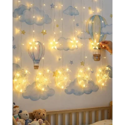 BUĞZ Dekoratif Ay Yıldız Perde Işığı Sıcak Beyaz Festival ve Ev Süsleme