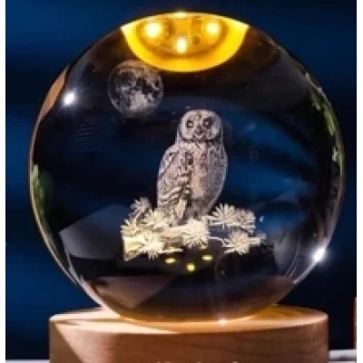 BUĞZ Dekoratif Baykuş Tasarımlı Ahşap Altlıklı Işıklı Cam Küre Büyük Boy 8cm