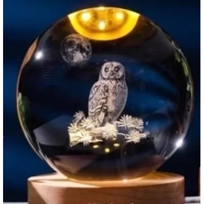 BUĞZ Dekoratif Baykuş Tasarımlı Ahşap Altlıklı Işıklı Cam Küre Büyük Boy 8cm