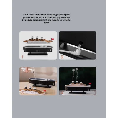 BUĞZ Dekoratif Gemi Modeli 7 Renk Işıklı Hava Nemlendirici ve Oda Kokusu Difüzörü - BUĞZ