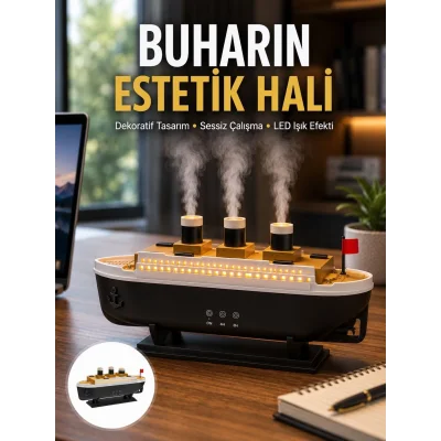 BUĞZ Dekoratif Gemi Modeli 7 Renk Işıklı Hava Nemlendirici ve Oda Kokusu Difüzörü Yeni Nesil